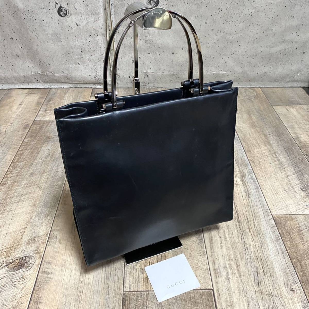 本物 GUCCI グッチ シルバーハンドル カーフレザートートバッグ 黒
