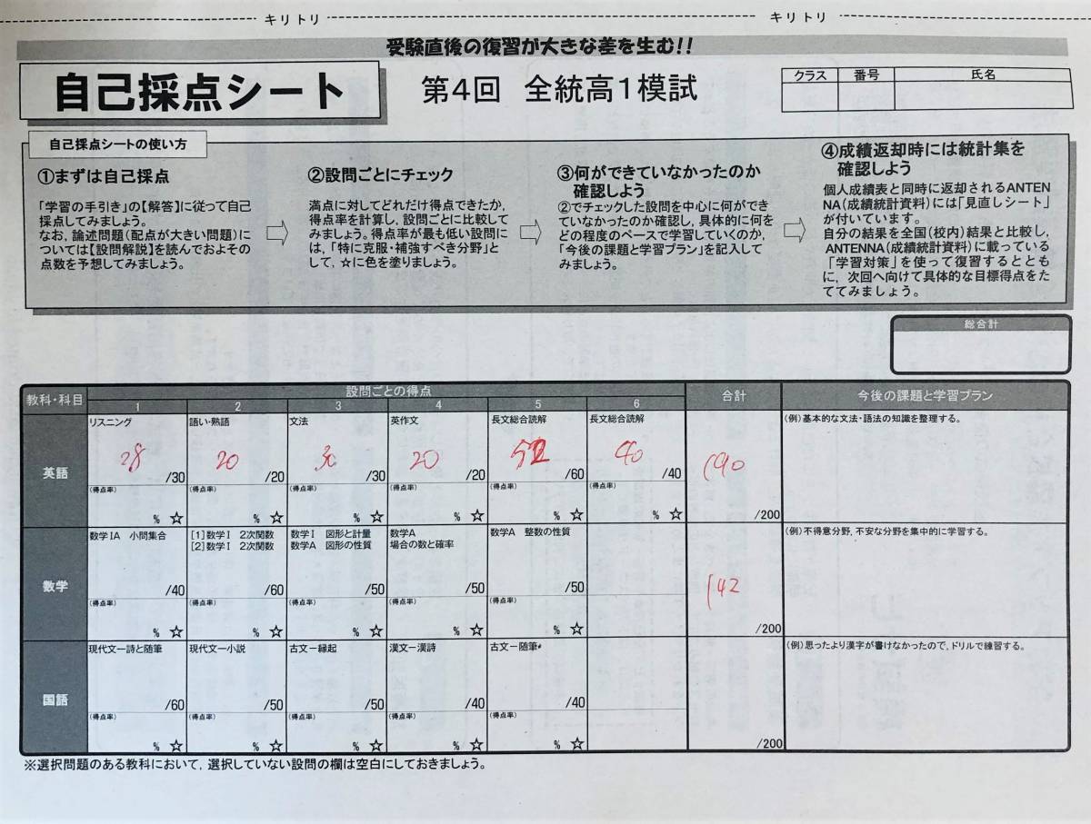 河合塾 2021年1月実施 第4回全統高1模試/英語/数学/国語(解答