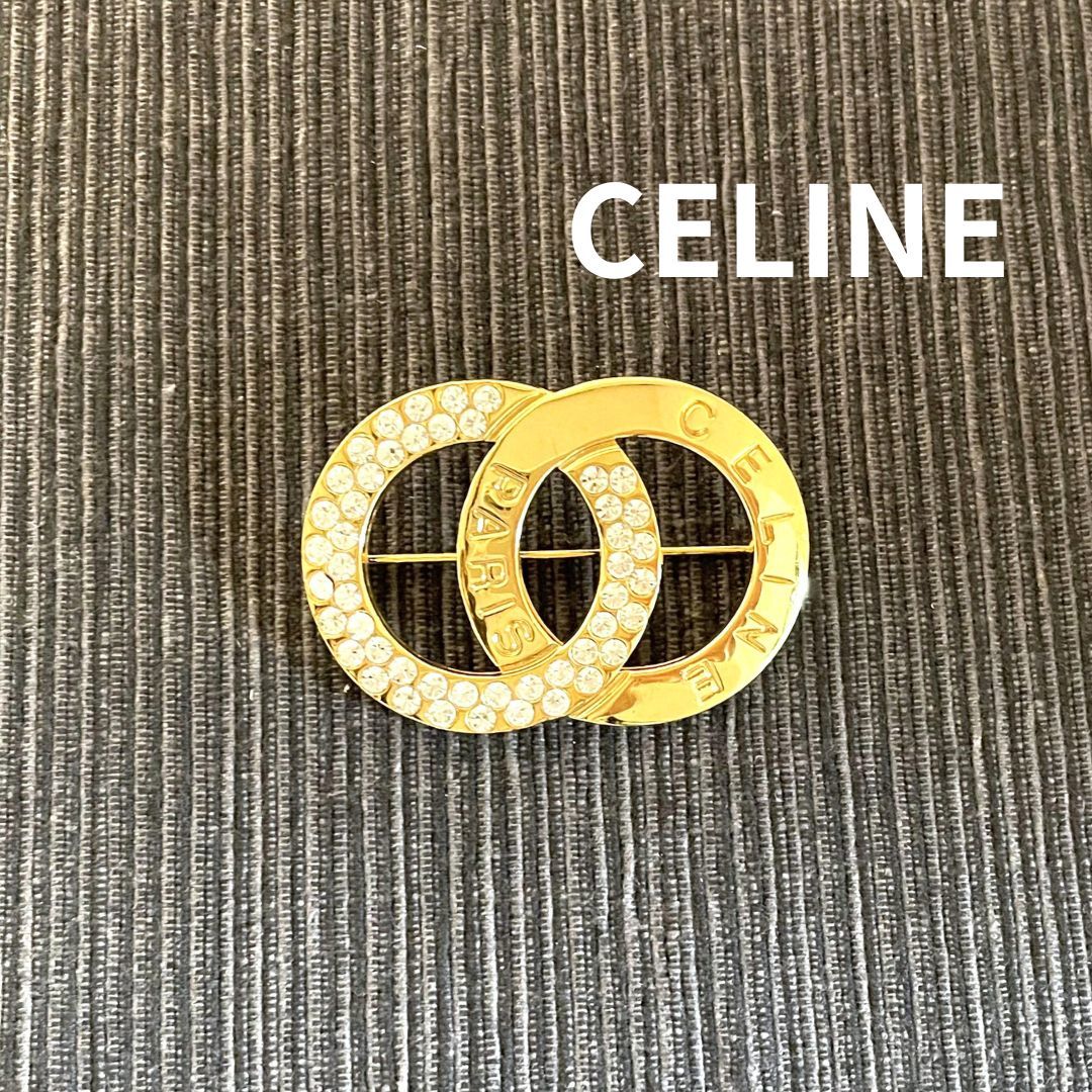 良品】CELINE セリーヌ ブローチ ロゴモチーフ ラインストーン