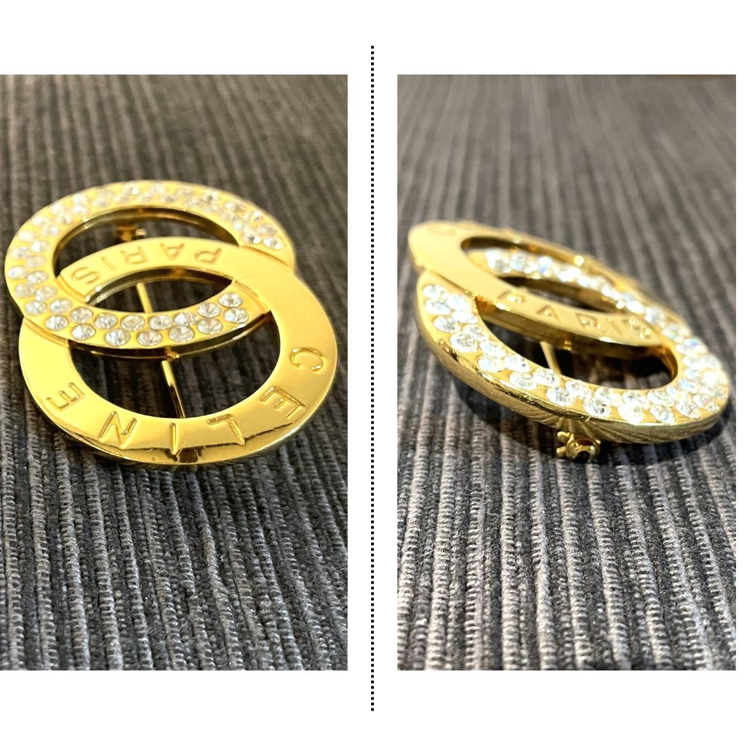 良品】CELINE セリーヌ ブローチ ロゴモチーフ ラインストーン