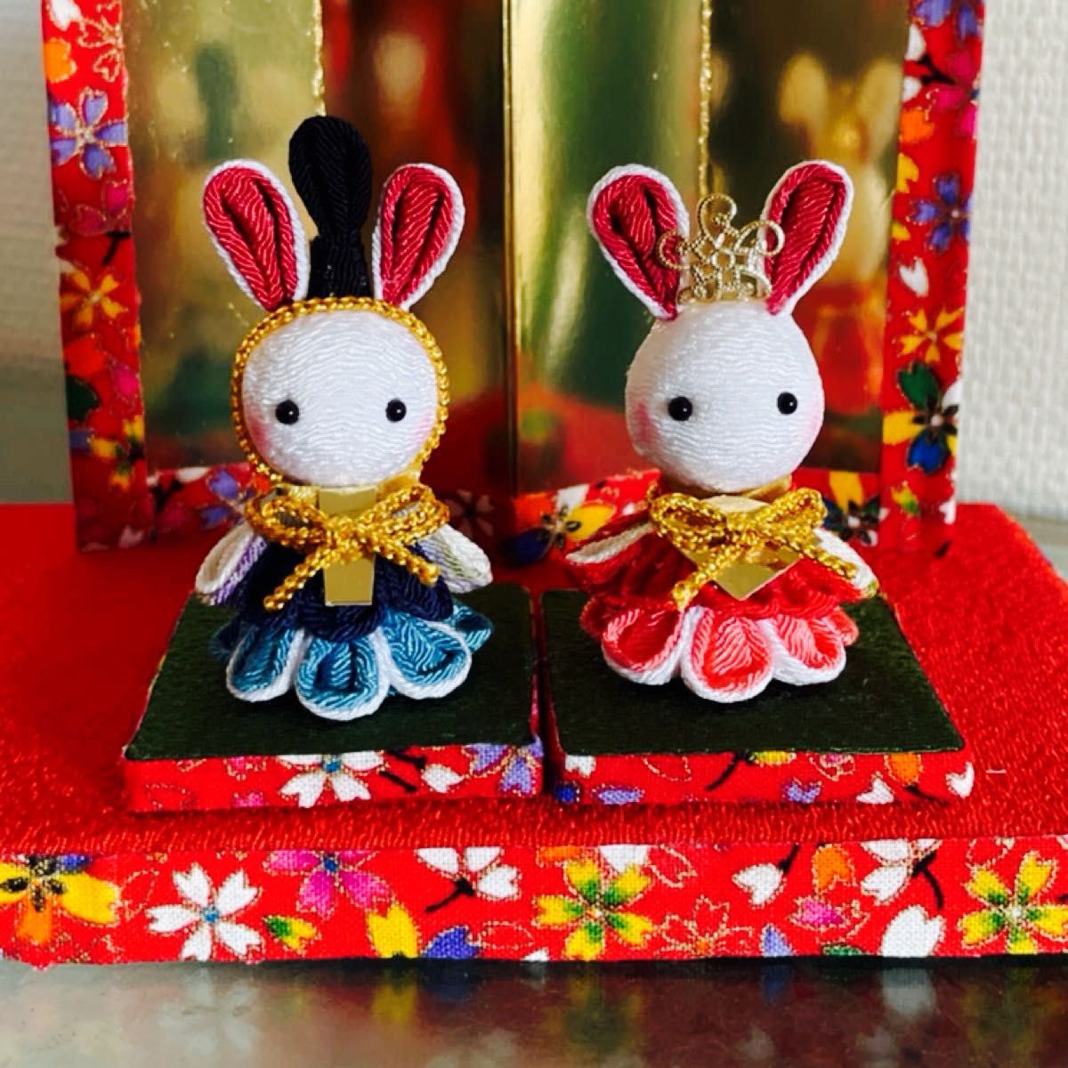 雛飾り 雛人形 ハンドメイド ミニ雛飾り ミニウサギ雛 つまみ細工
