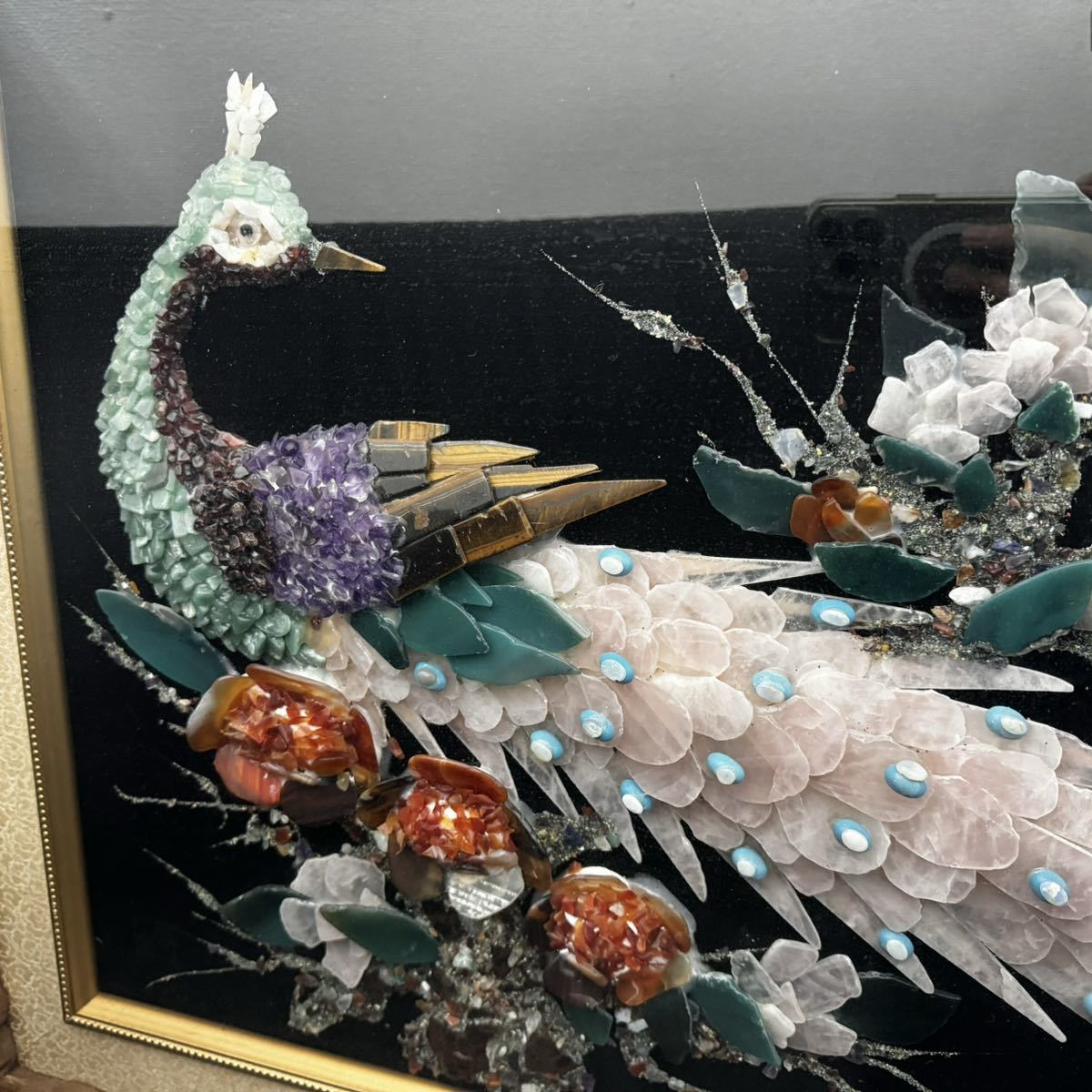 全国送料無料の通販 貴石画 孔雀絵 宝石画 水晶画 規格認定証 JTA 額縁
