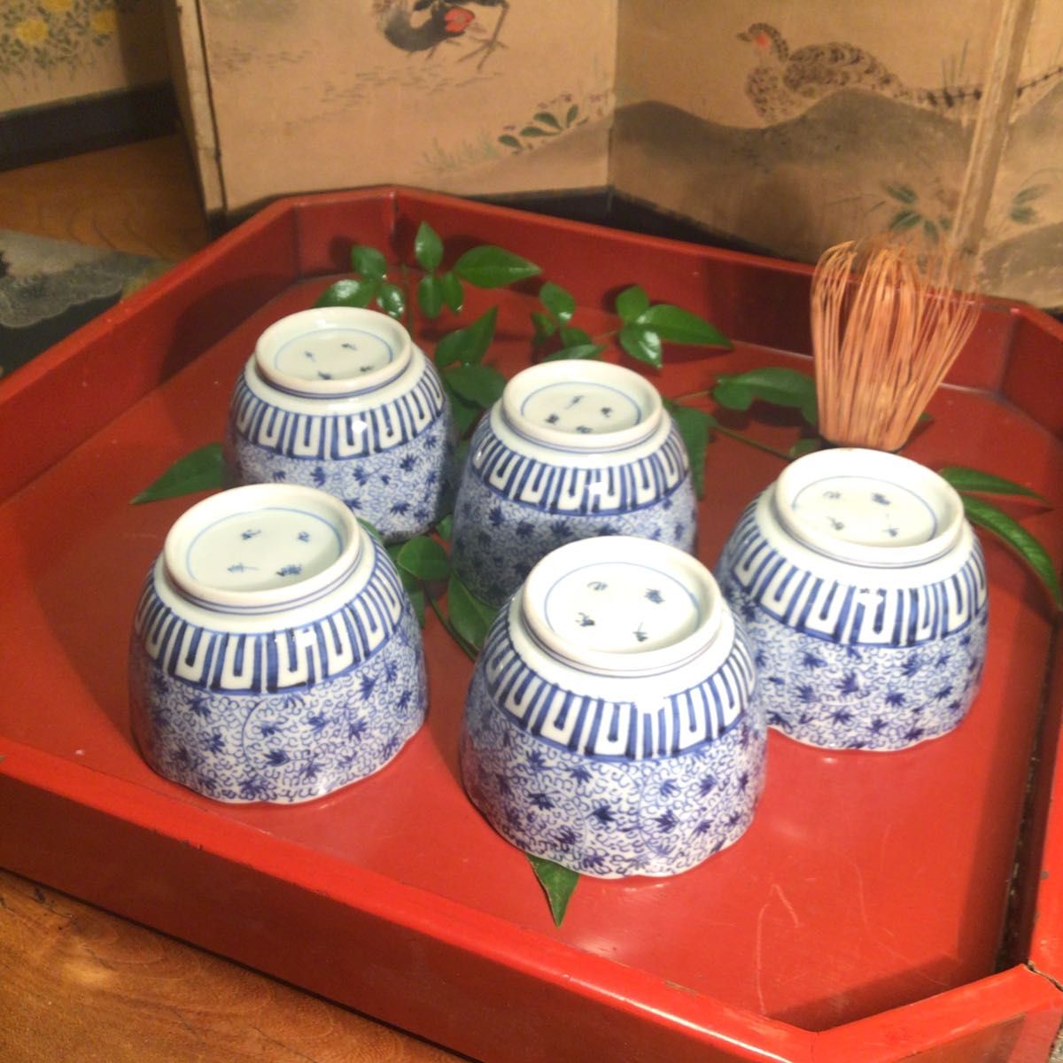 古伊万里染付微塵唐草向付5個 [B28202] 古伊万里染付微塵唐草向付5個