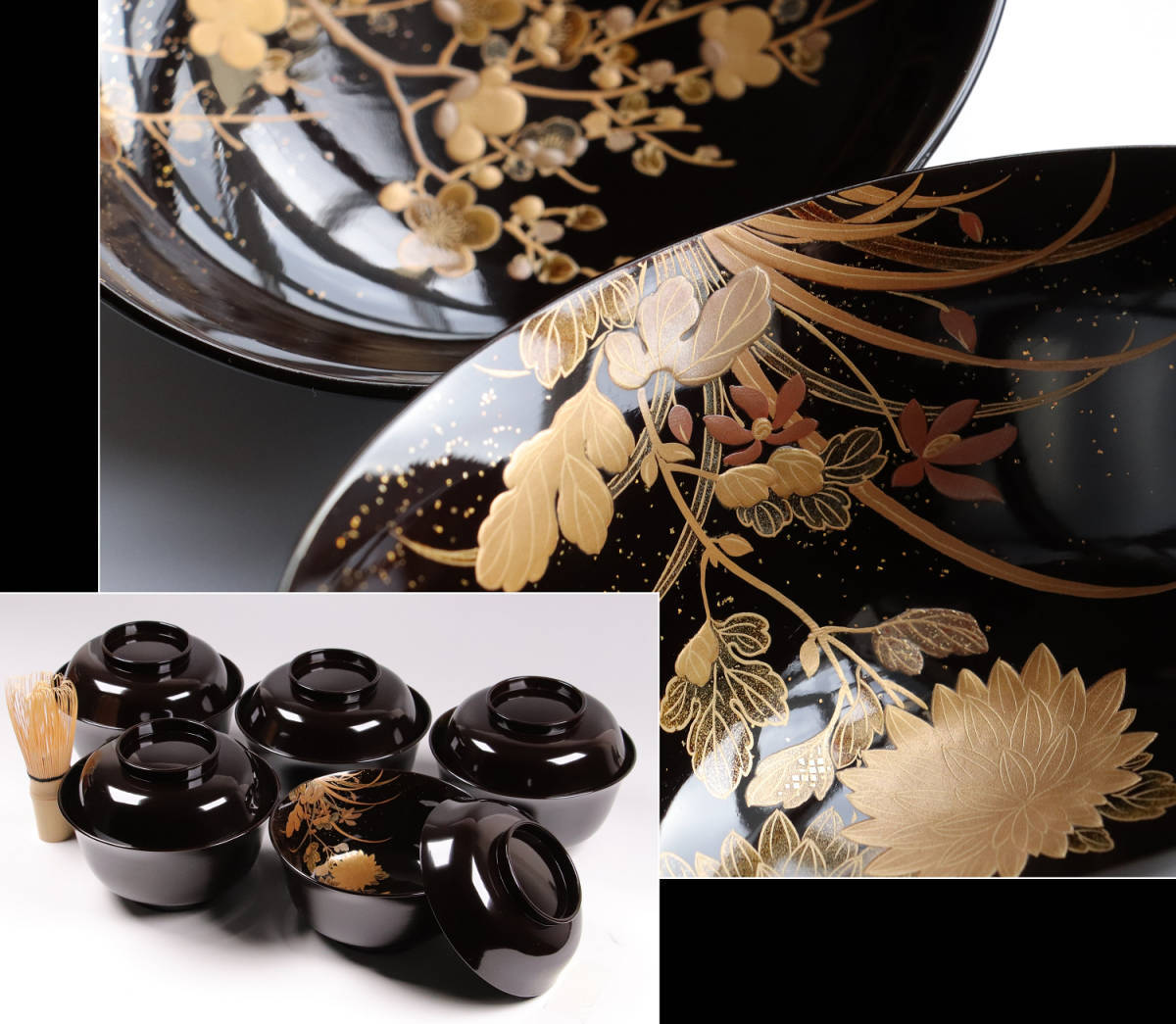 CH34 極上輪島塗 四君子金蒔絵 黒塗椀 五客 木製漆器 梨地研出切金細密