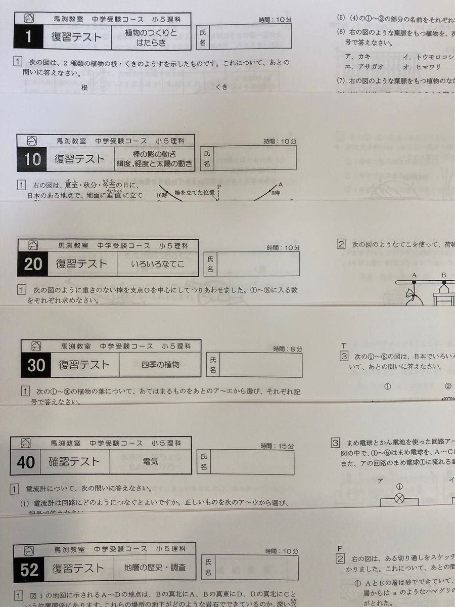 馬渕教室 理科 小5 最難関特訓 1年分 プリント 日曜テスト 中学受験