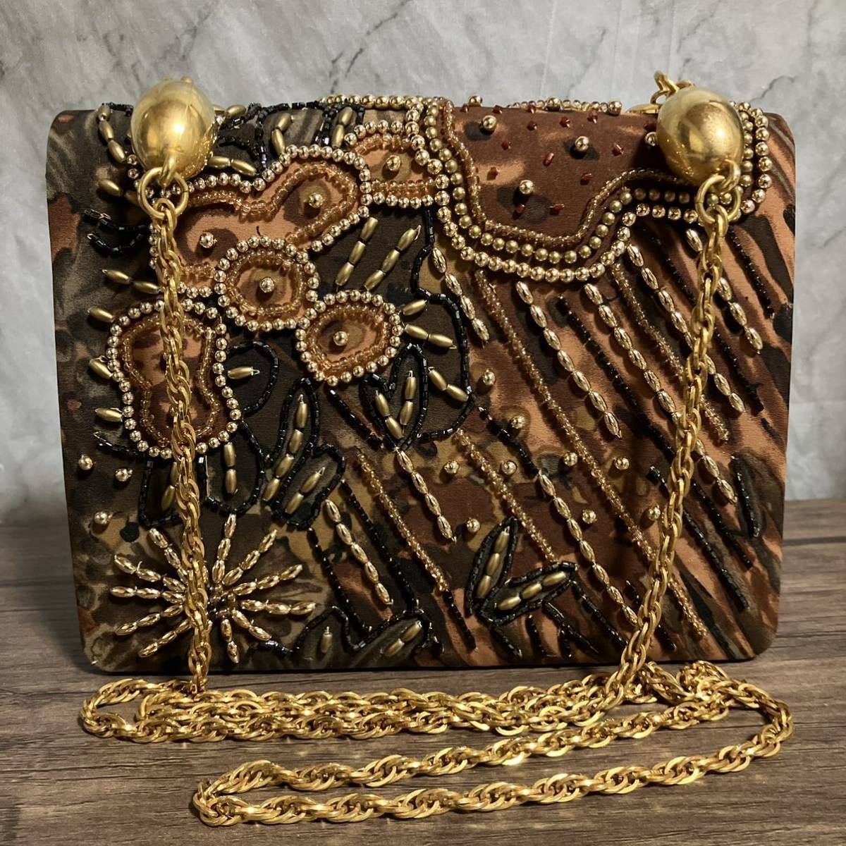 ビーズ刺繍 夜空 お城 ゴールドチェーンショルダーバッグ フリンジ