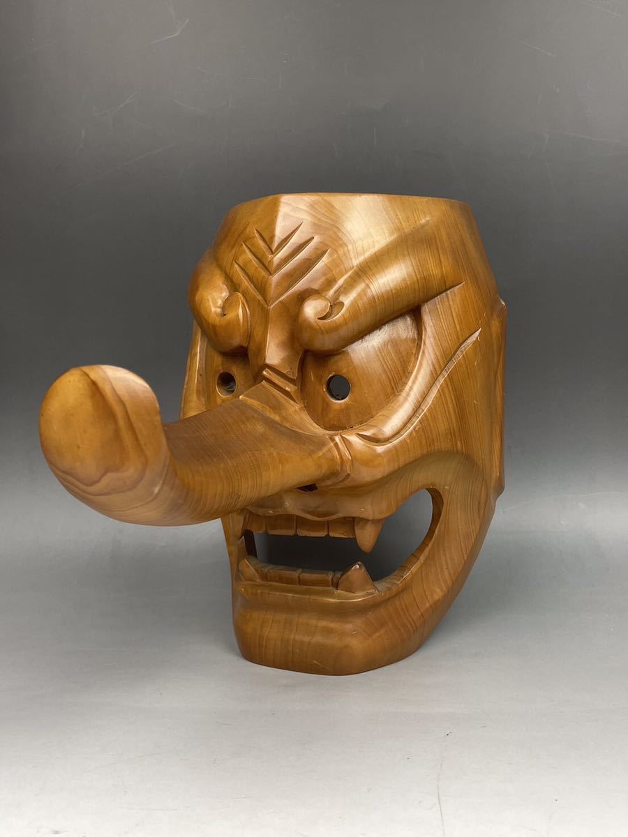 Yahoo!オークション - タ) 天狗面 木彫 木製 極上木目 魔除け 刳抜 能