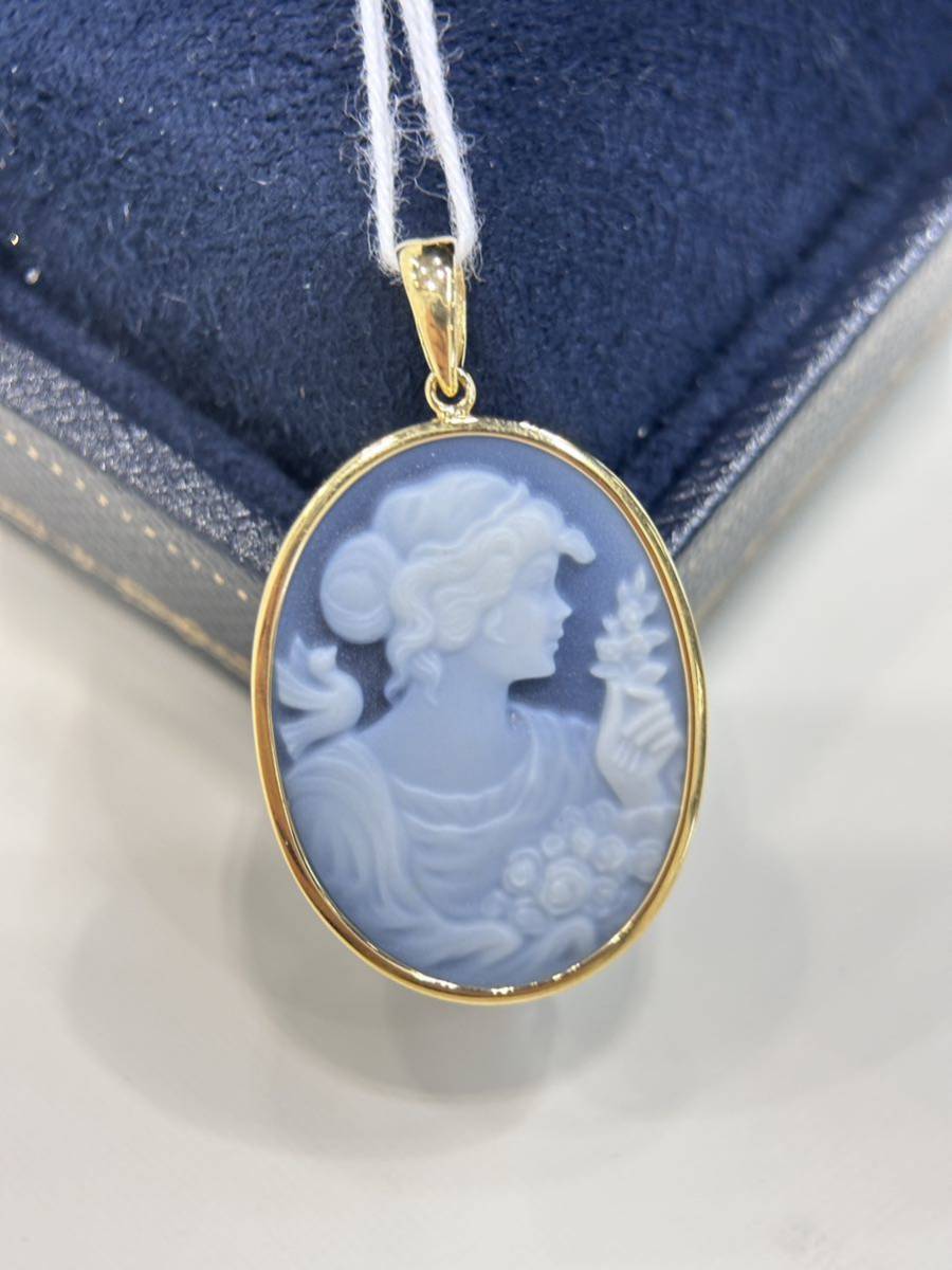 新品]K18YGイエローゴールド金天然瑪瑙カメオペンダントトップ美人