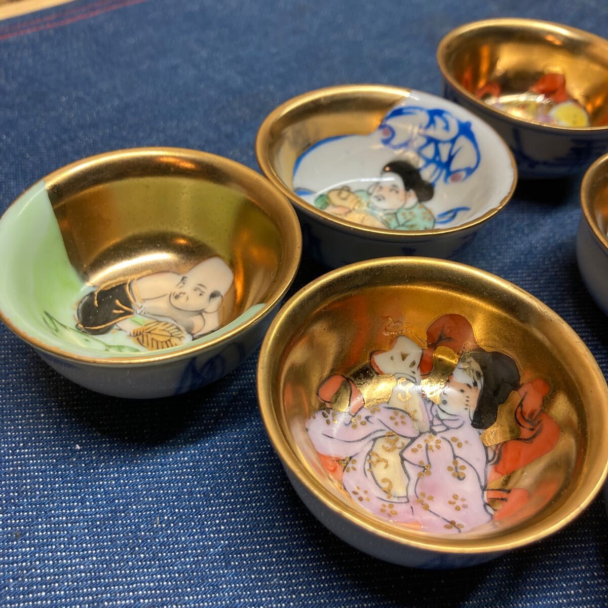 九谷焼 時代盃 七福神 杯 金彩 染付 七客 酒器 お猪口 ぐい呑み