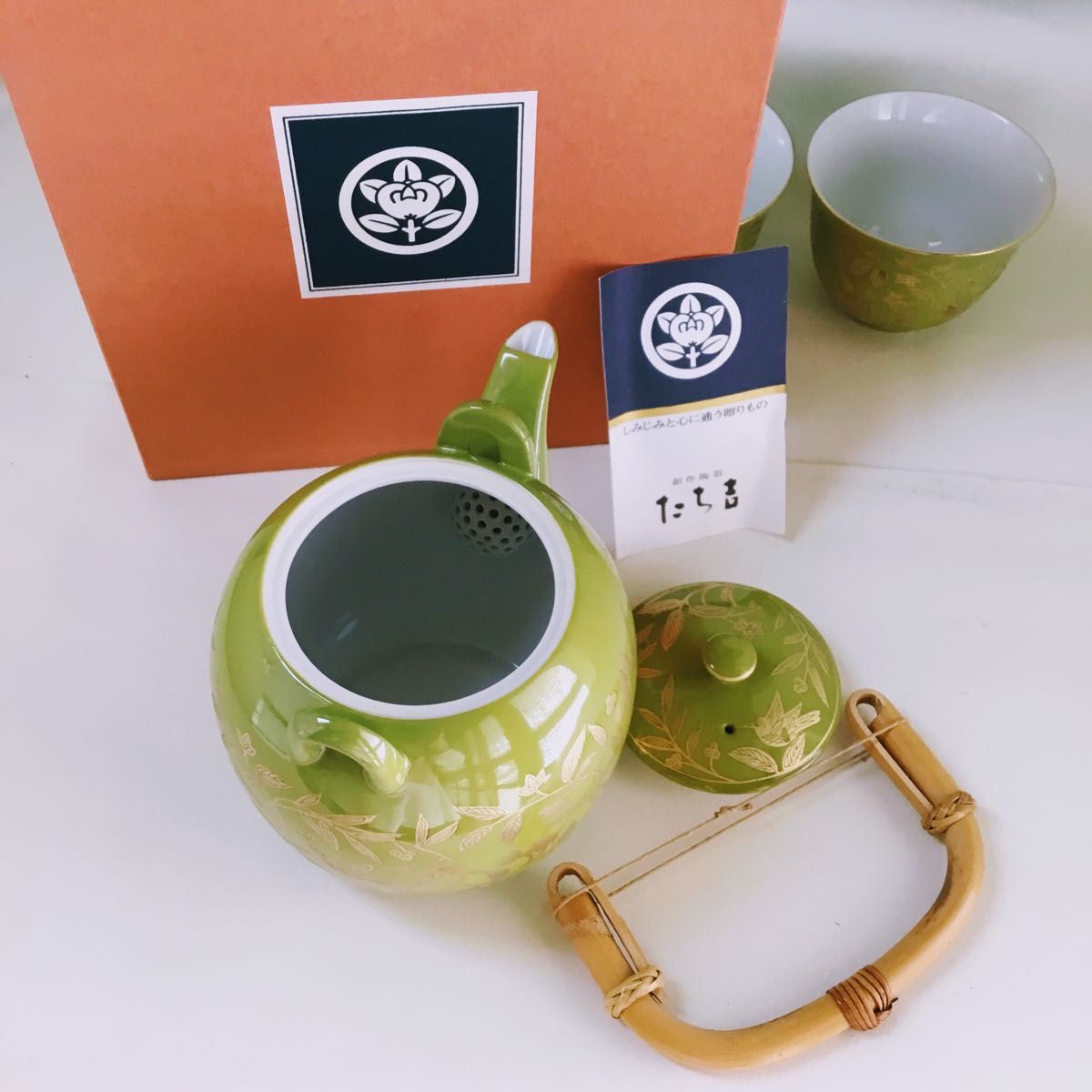 新品未使用品】たち吉 美濃焼 『萌葱金彩』 湯呑み 5杯 急須セット