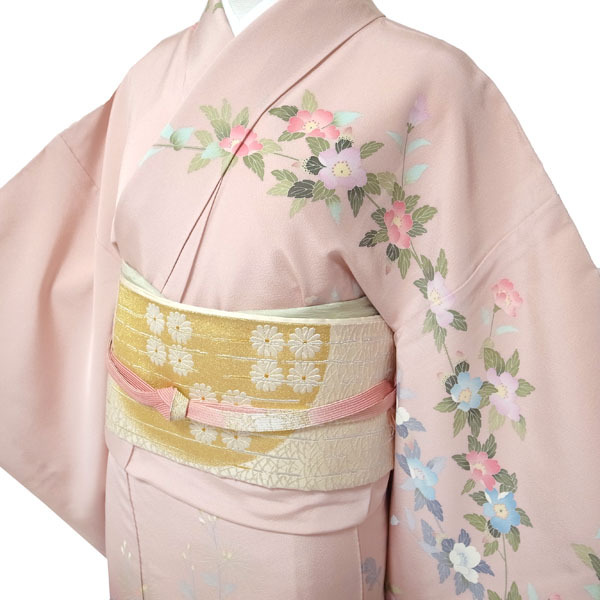 訪問着 着物 袷 手描き友禅 作家物 茂樹 薄ピンクベージュ 草花 花