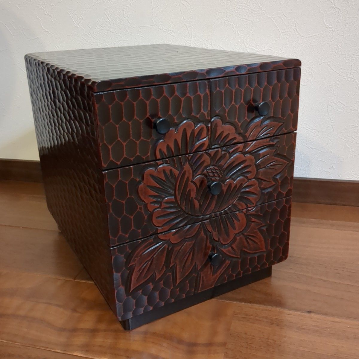 昭和レトロ 伝統工芸 鎌倉彫 引き出し 小箪笥 小物入れ 大きな牡丹