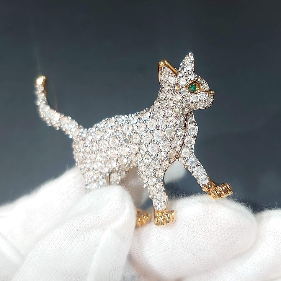 レア】SWAROVSKI スワロフスキー キャット ブローチ クリアストーン 猫