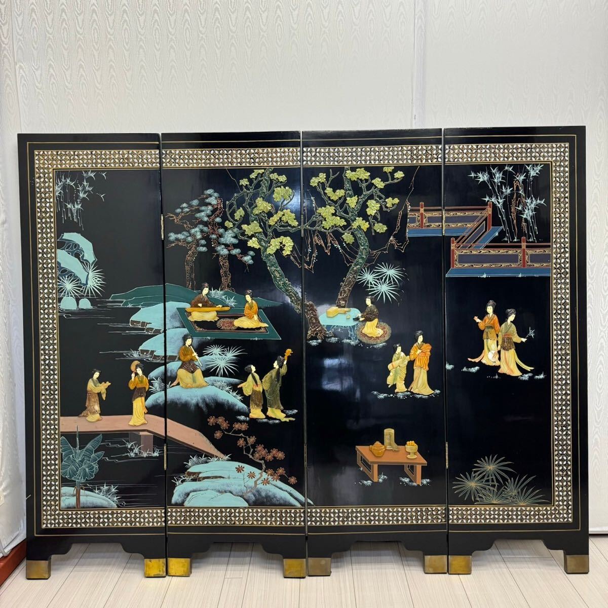 中国螺鈿絵 アンティーク 4枚組 壁掛け 中国螺鈿絵 アンティーク 4枚組