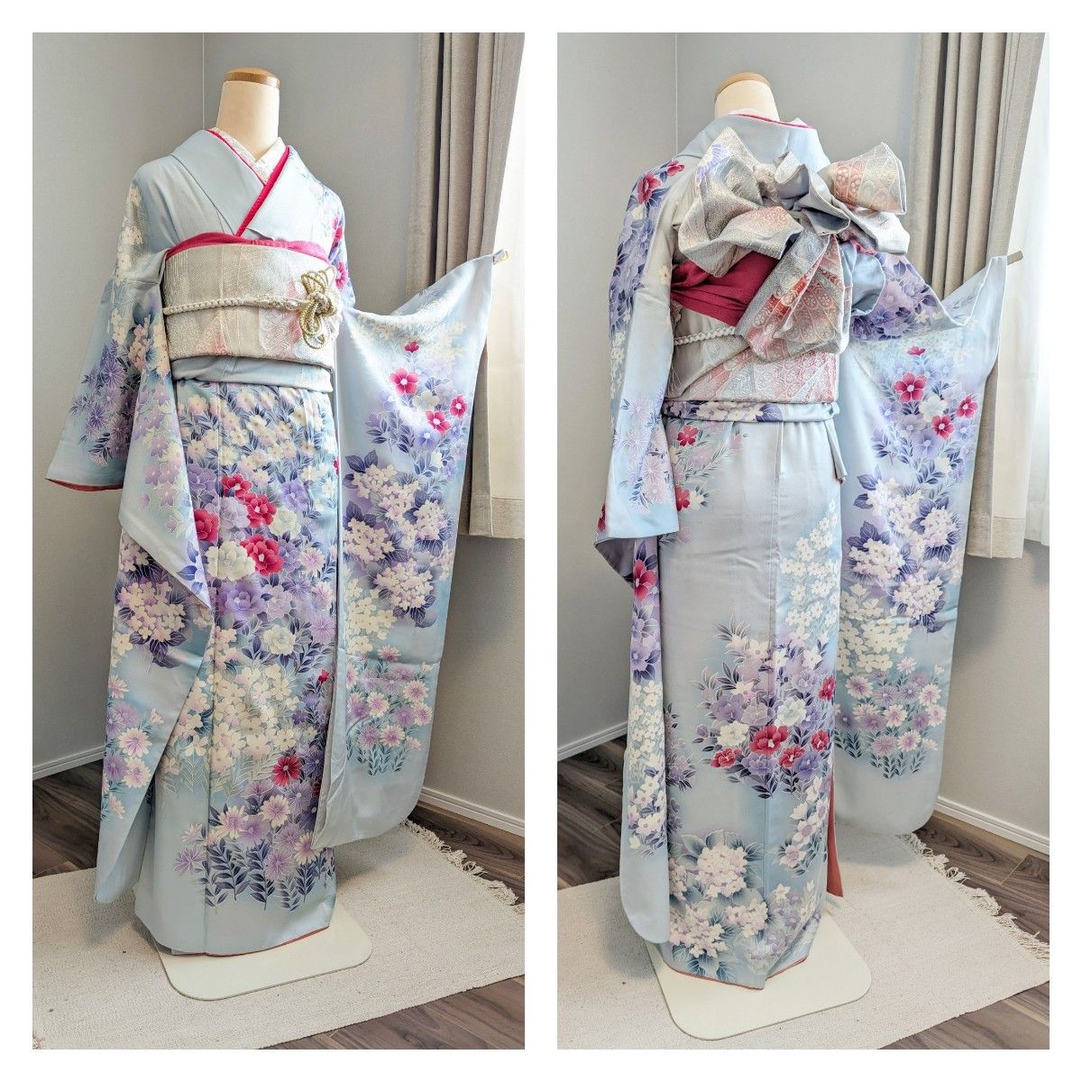 振袖フルセット 身丈162裄65 5 銀彩 椿 牡丹 紫陽花 淡い水色 薄紫