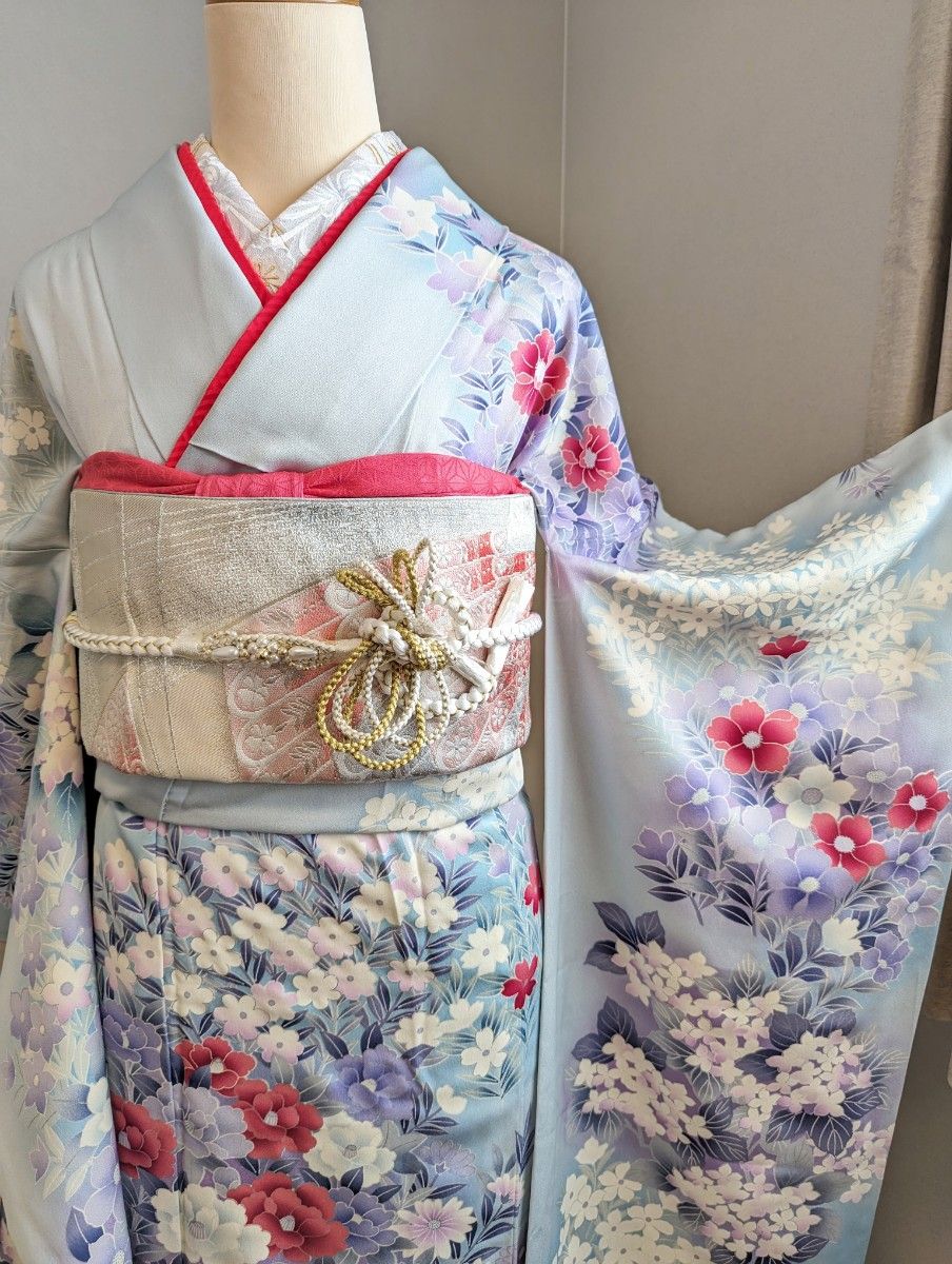 振袖フルセット 身丈162裄65 5 銀彩 椿 牡丹 紫陽花 淡い水色 薄紫