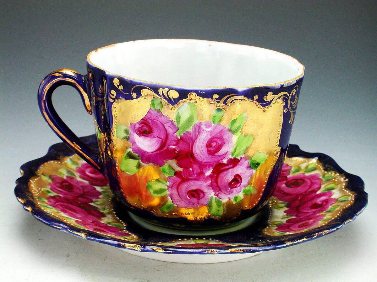 オールドノリタケ 金盛上陽刻桃地薔薇図紋 マルキ印 里帰り