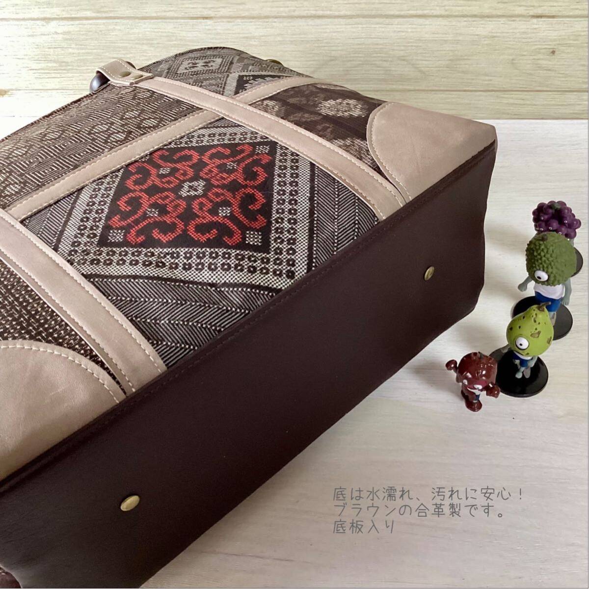 龍郷 大島紬 × 本革 着物リメイク 大きめ トートバッグ 和装バッグ