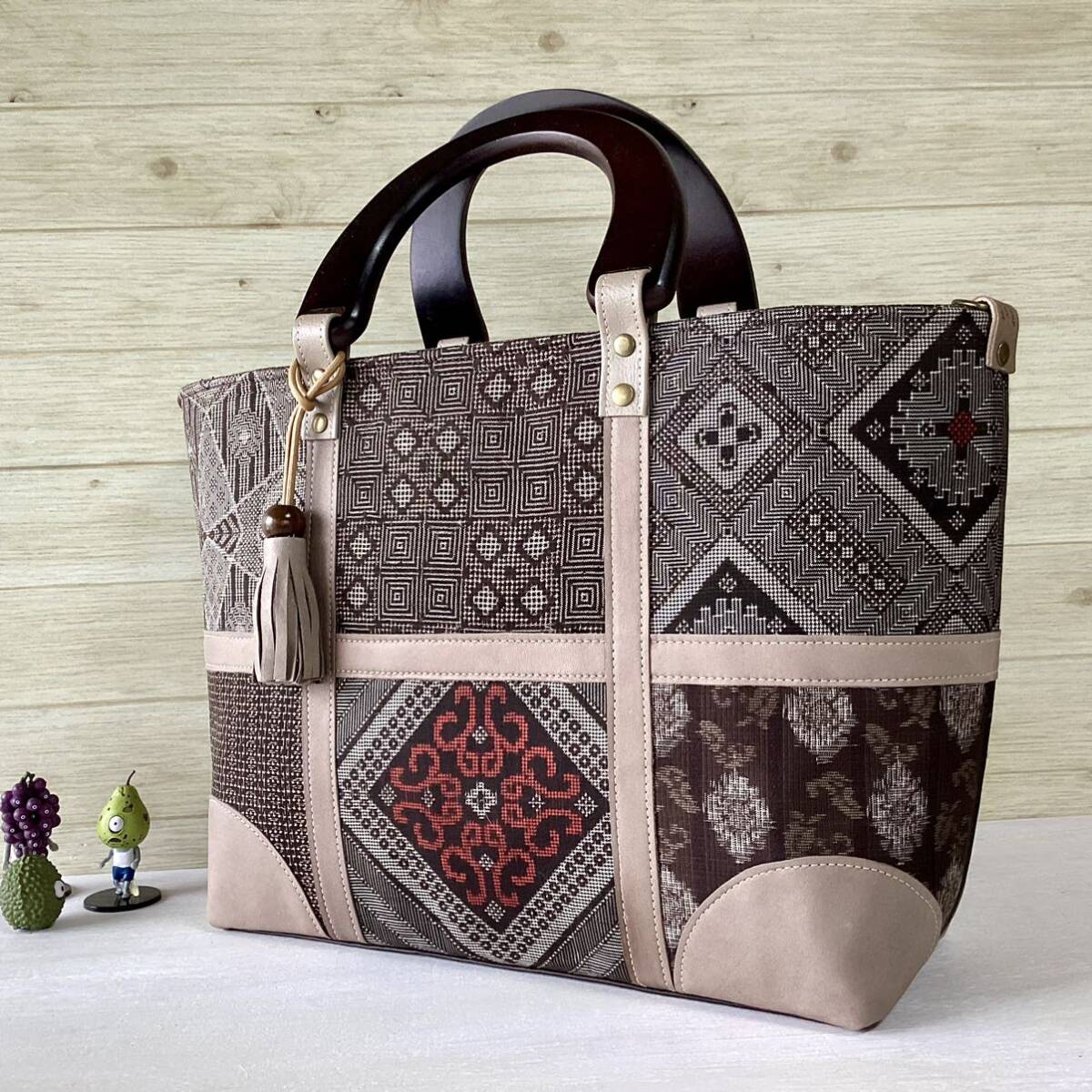 龍郷 大島紬 × 本革 着物リメイク 大きめ トートバッグ 和装バッグ
