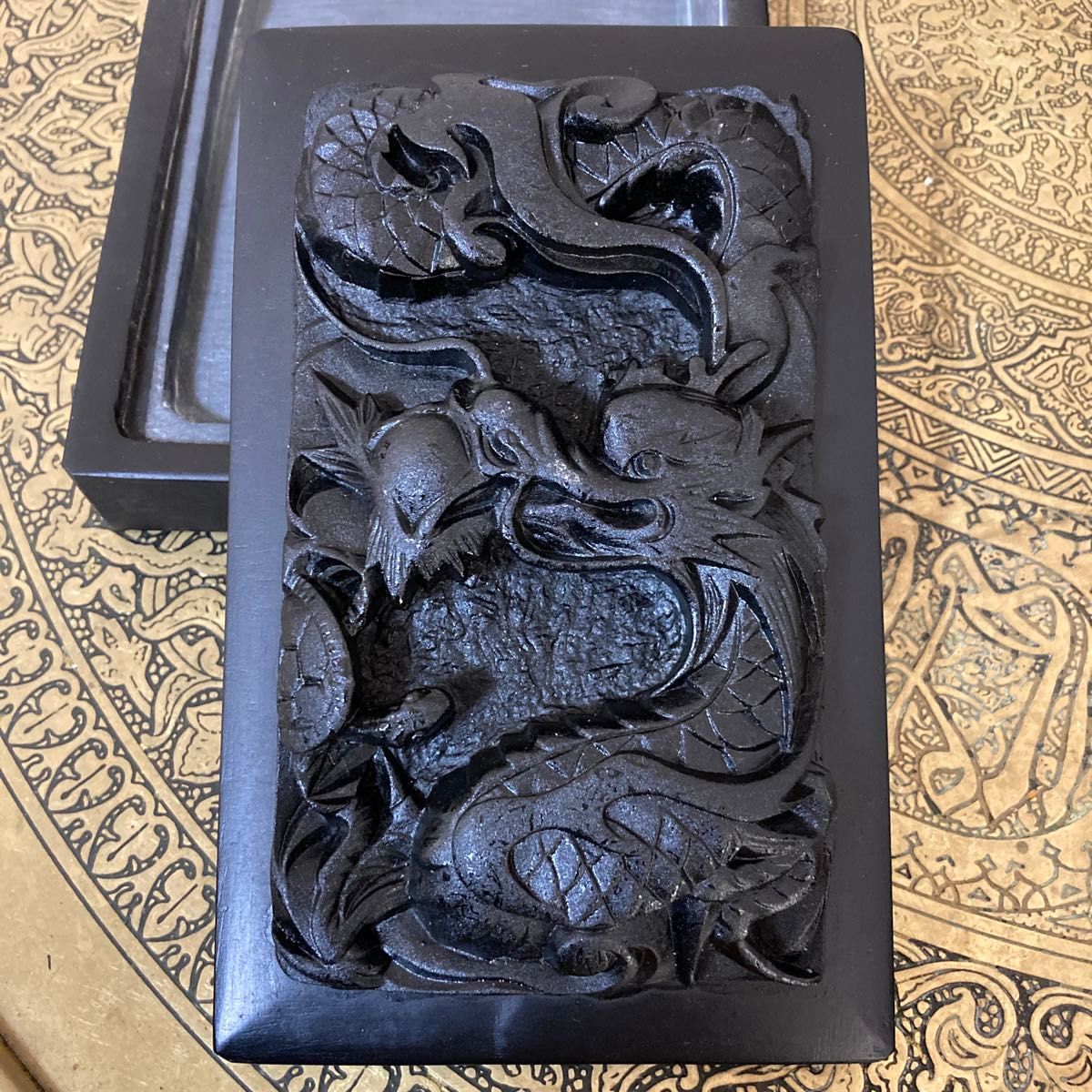 中国 書道セット 螺鈿箱 書道具 工芸品 筆 硯 文鎮 墨など 未使用品