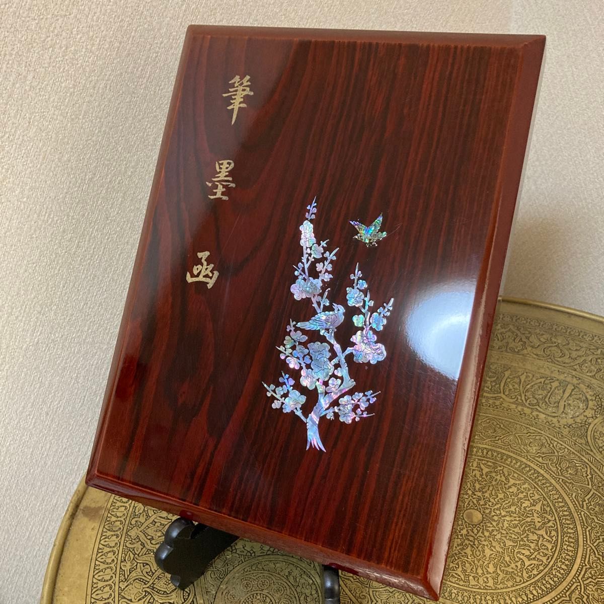 中国 書道セット 螺鈿箱 書道具 工芸品 筆 硯 文鎮 墨など 未使用品