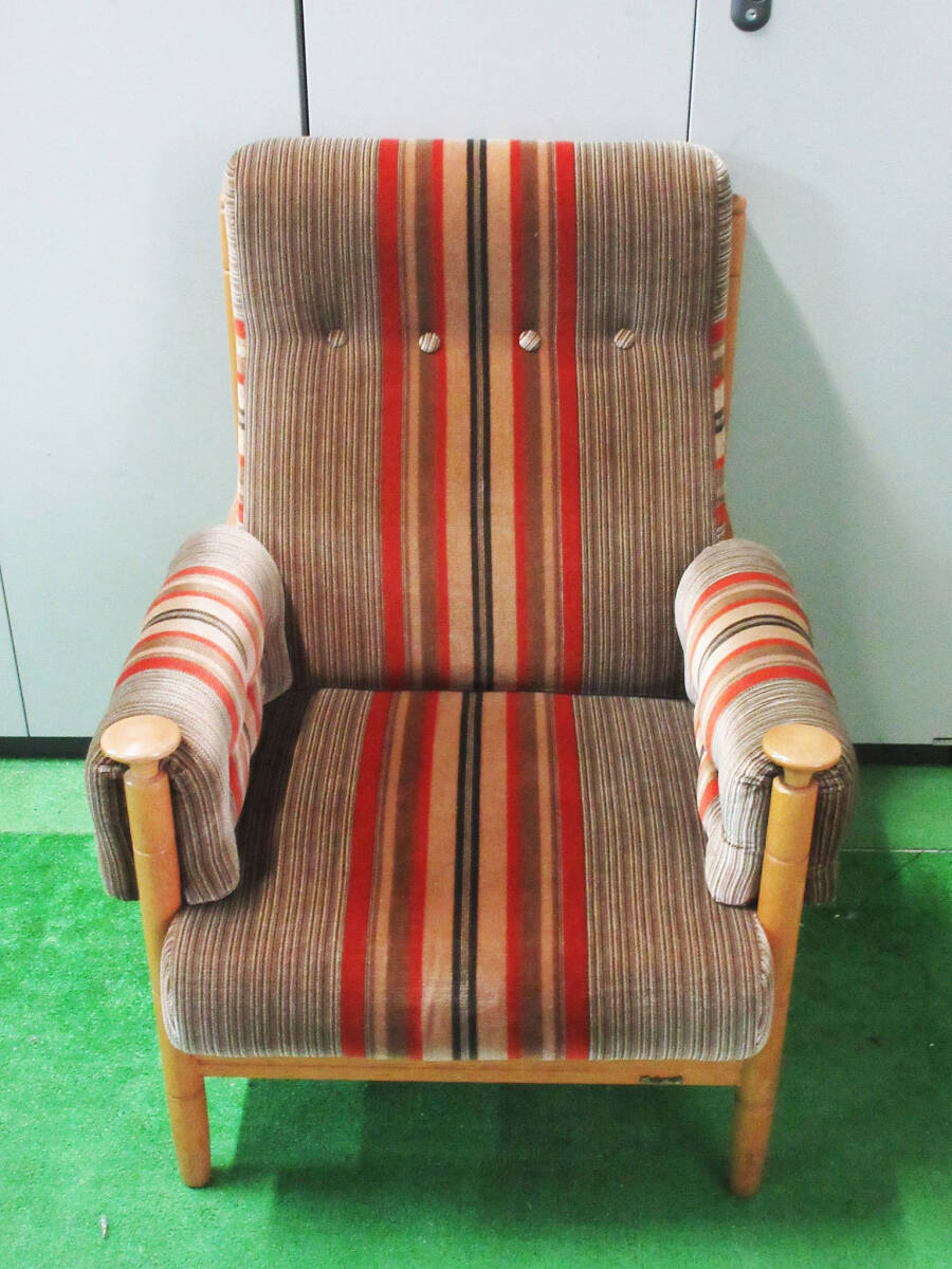 レトロ/モケットソファー/一人掛け/ストライプ/当時もの モケット
