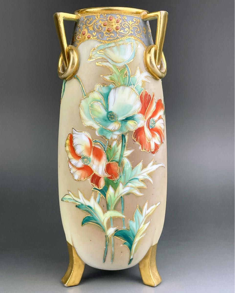 希少】オールドノリタケ 薔薇紋 ジュエル 金点盛り ビーディング 花瓶