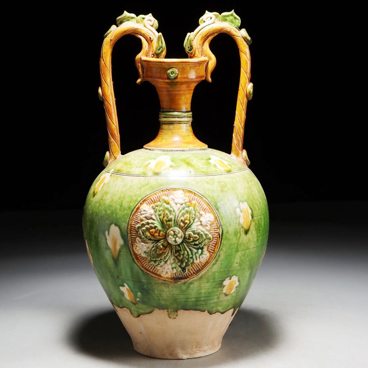 PG400. 中国古玩唐三彩貼花龍双耳瓶高さ36.5cm / 陶器陶芸古美術時代