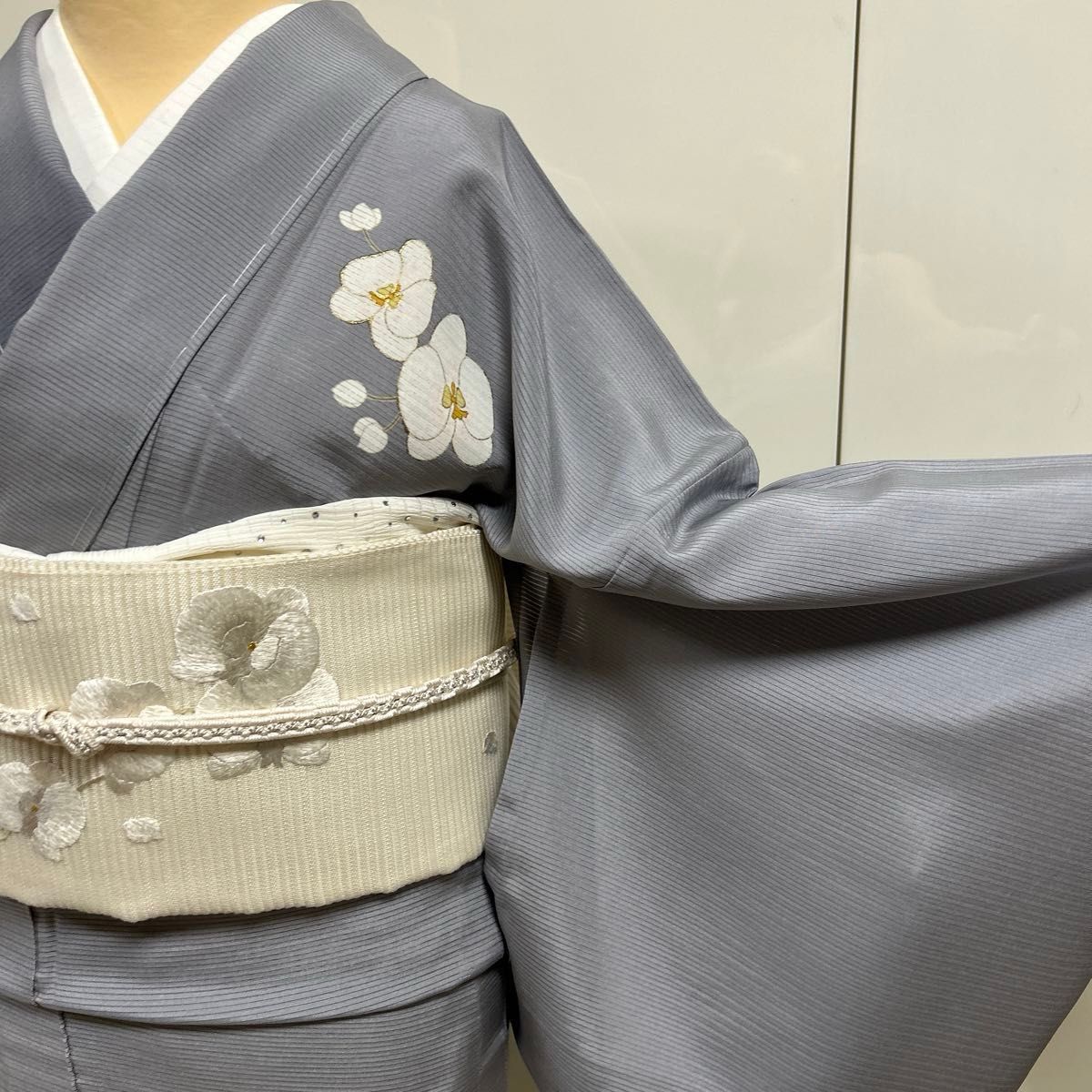 絽 ろ 夏物 訪問着 着物 お仕立て上り Lサイズ グレー 胡蝶蘭 ラン 白