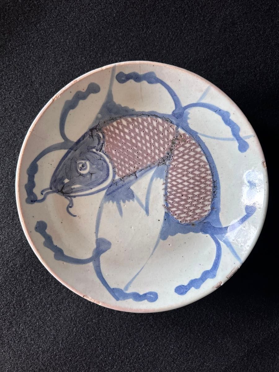 清朝期 南京赤絵 青華魚文皿 直径約21cm 古美術 中国美術 清時代③