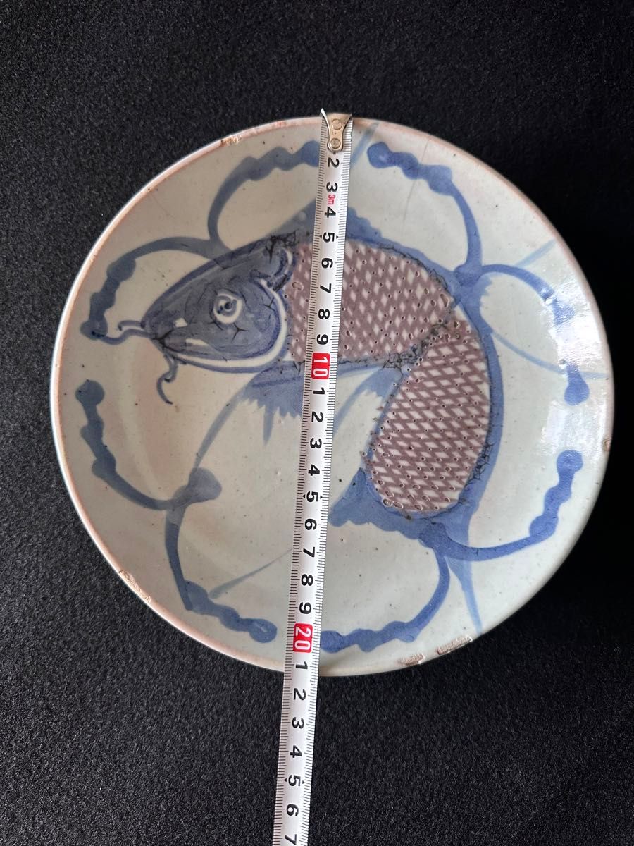 清朝期 南京赤絵 青華魚文皿 直径約21cm 古美術 中国美術 清時代③