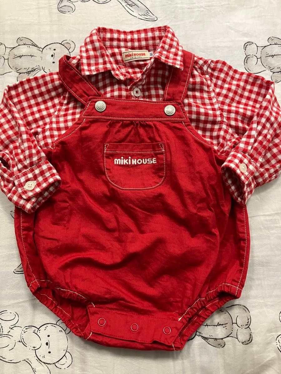 ミキハウス ダルマオール チェックシャツ コーデセット カラー赤 80