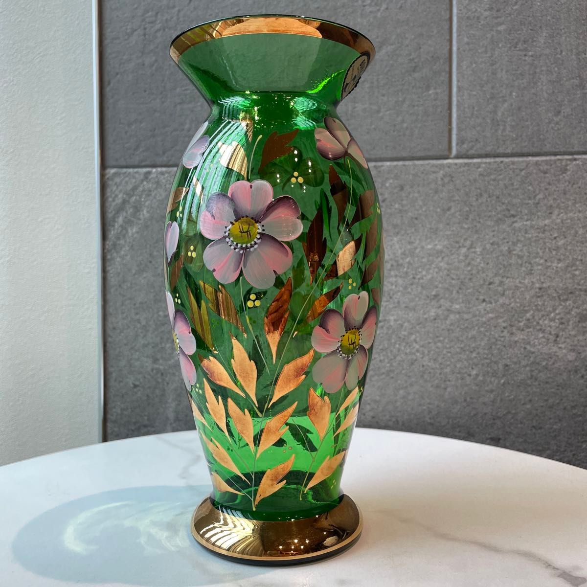 未使用品 ボヘミア グラス 花瓶 チェコスロバキア フラワーベース 花柄