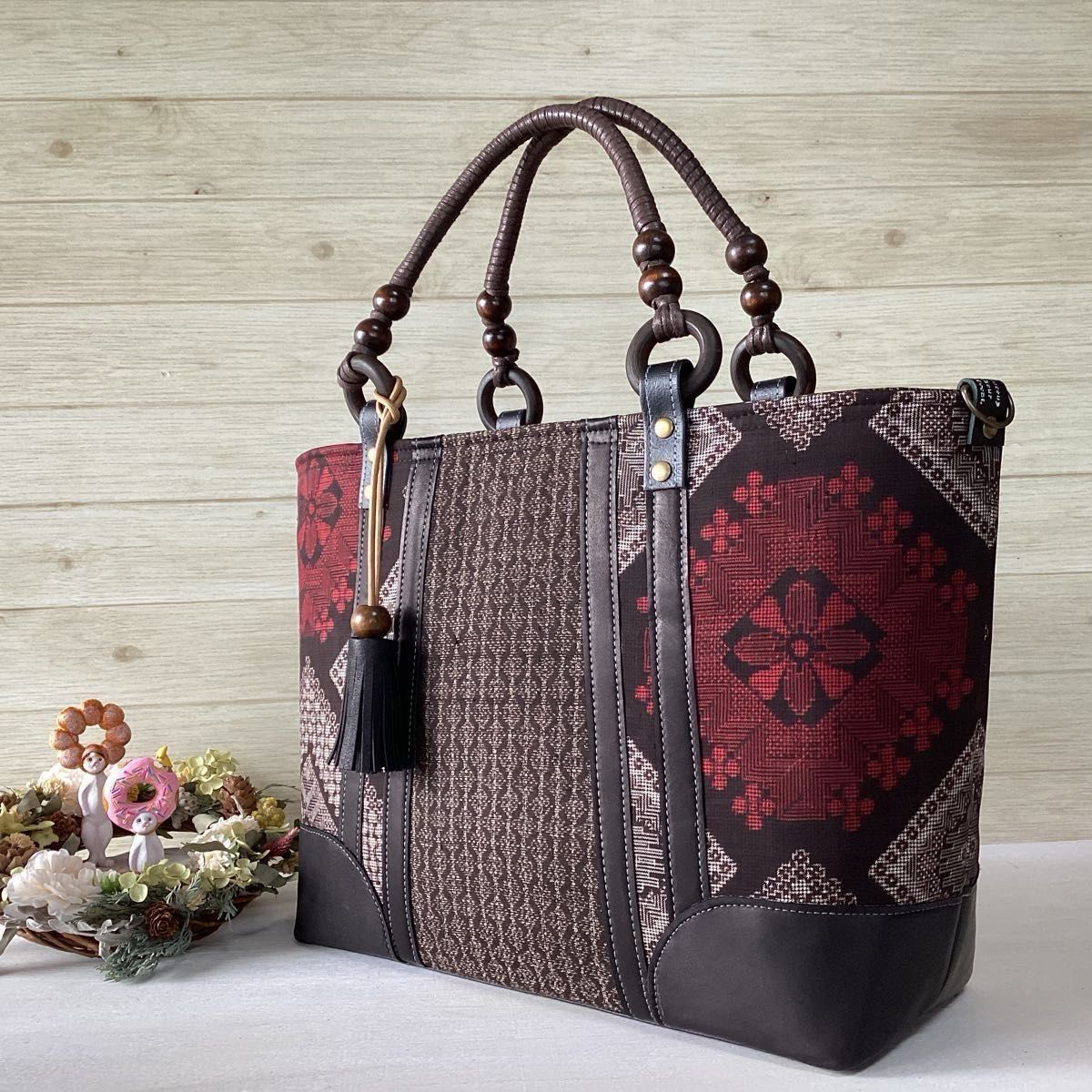 花柄 大島紬×本革 着物リメイク トートバッグ 和装バッグ ハンドメイド A4