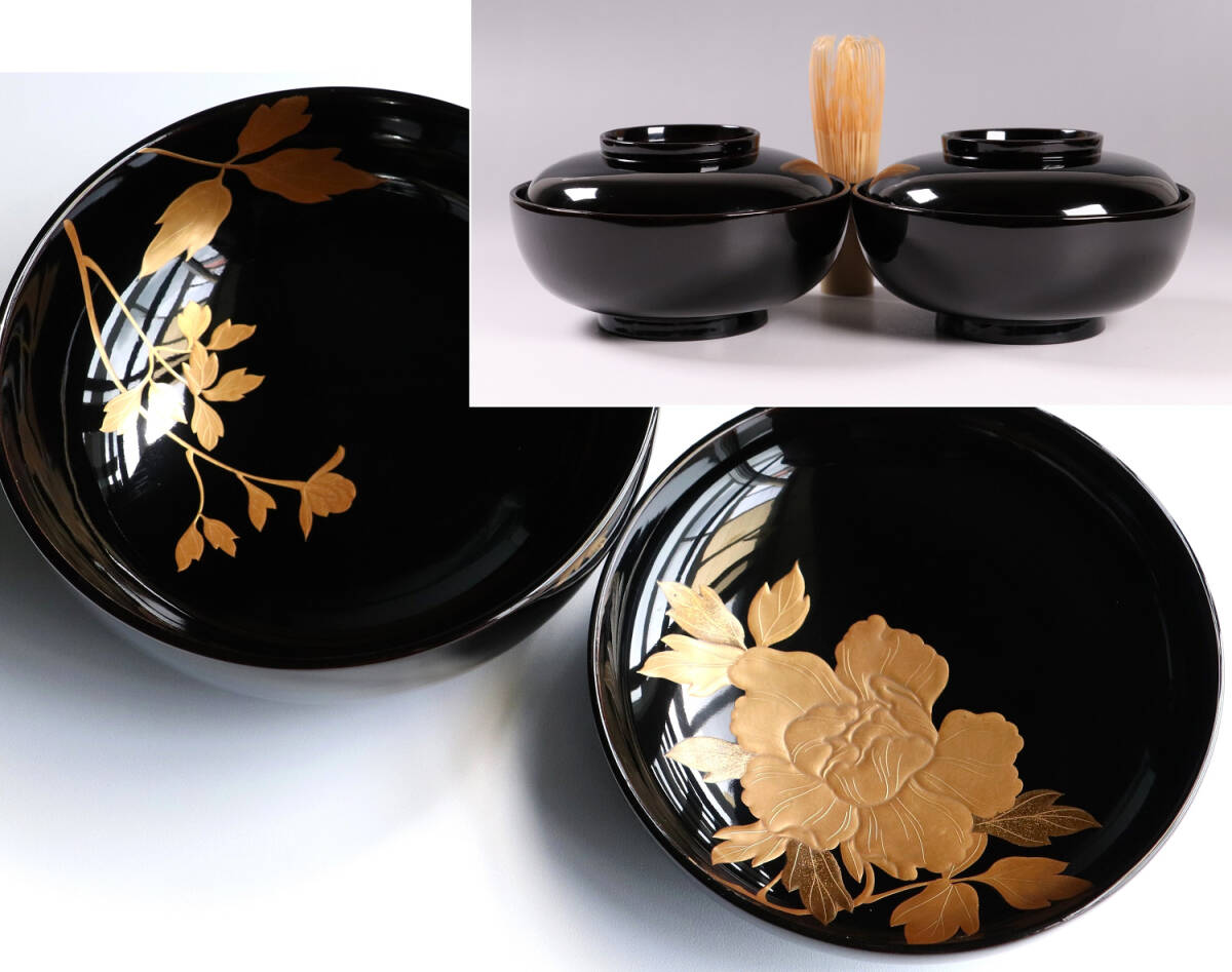 MA34 能登輪島塗 牡丹金蒔絵 黒塗 煮物椀 二客 木製漆器 高蒔絵 / 伝統