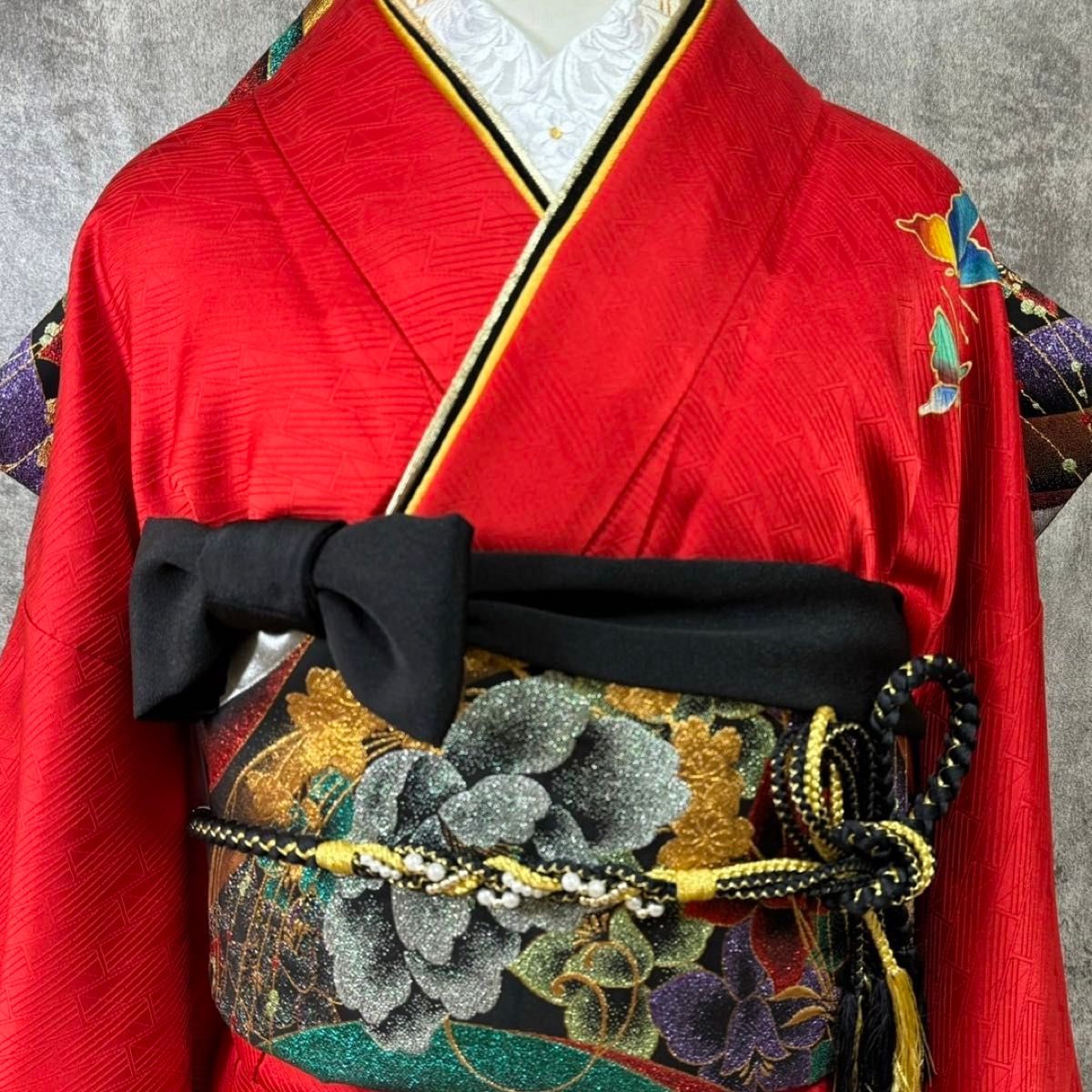 美品 斉藤三才 落款 金彩 舞蝶花文 逸品 フルセット 振袖 振り袖