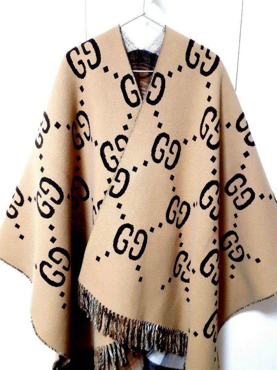 希少限定 グッチ GGロゴ チェック ウール リバーシブル 大判 ポンチョ
