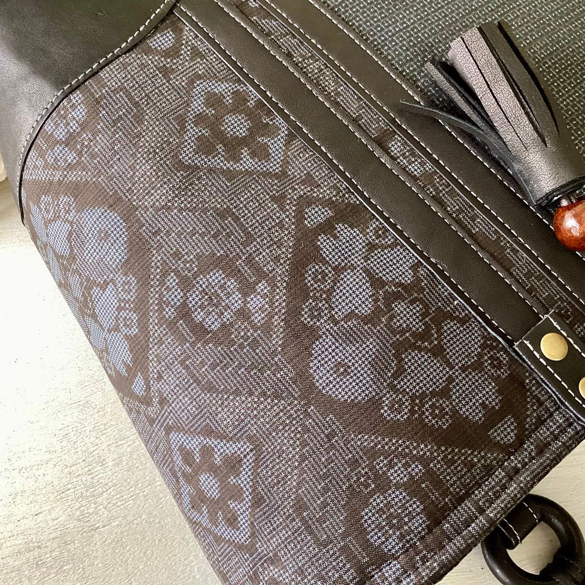 龍郷 本場大島紬 × 本革 着物リメイク 大きめ トートバッグ 和装バッグ