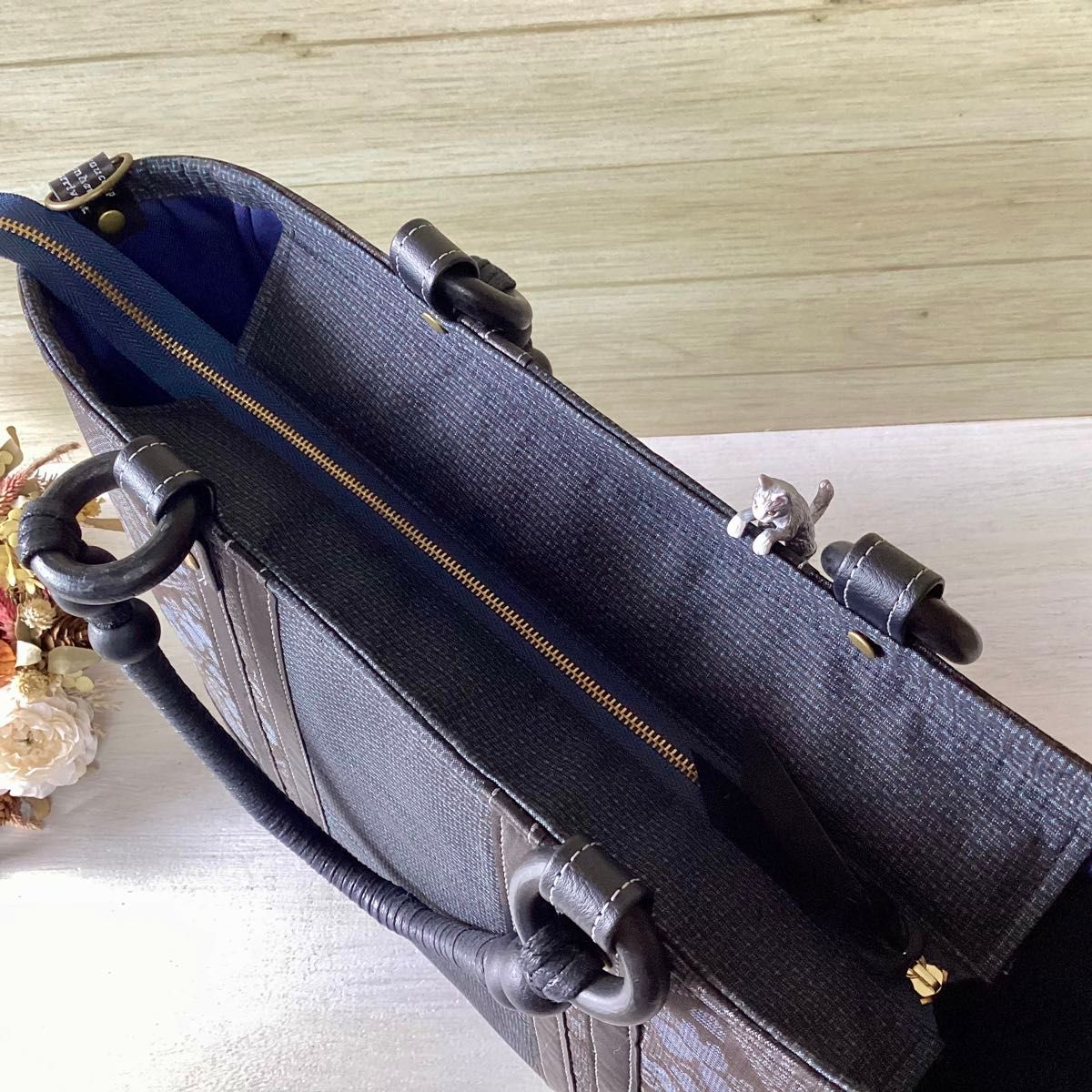 龍郷 本場大島紬 × 本革 着物リメイク 大きめ トートバッグ 和装バッグ