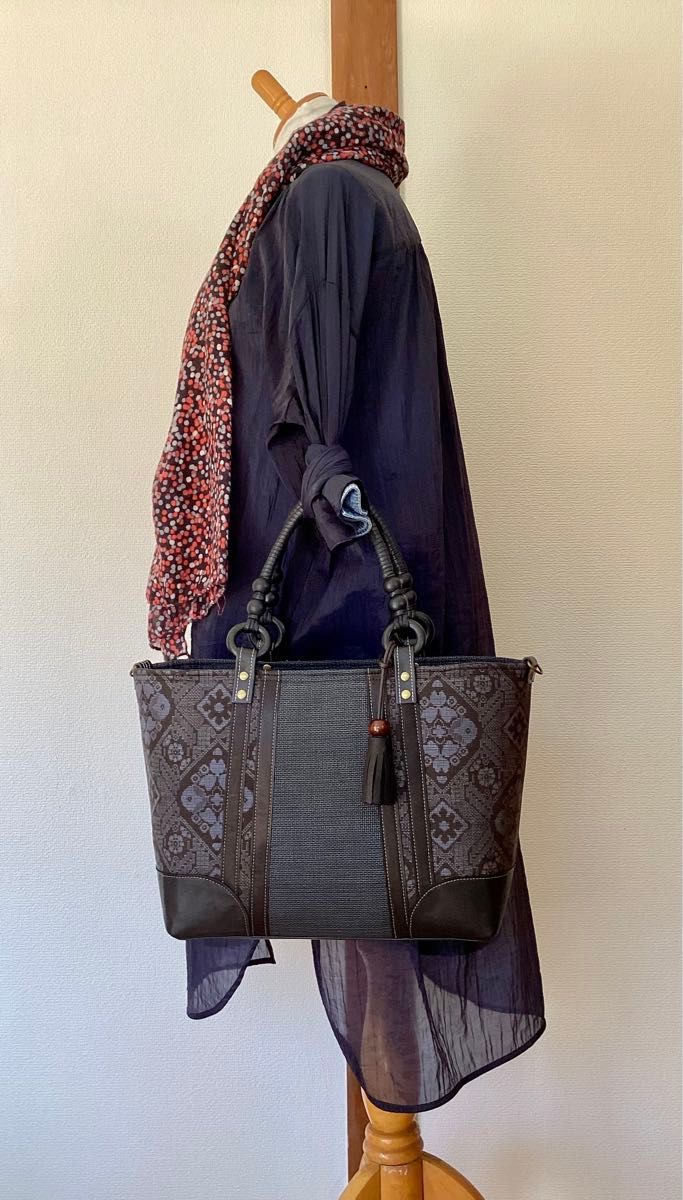龍郷 本場大島紬 × 本革 着物リメイク 大きめ トートバッグ 和装バッグ