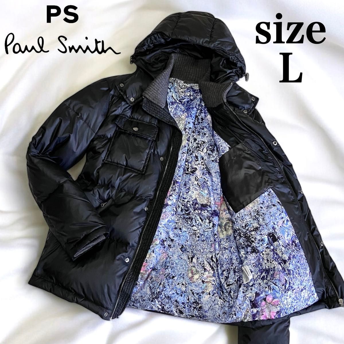 美品 ポールスミス ダウンジャケット 裏地派手 花柄 ブラック L フード