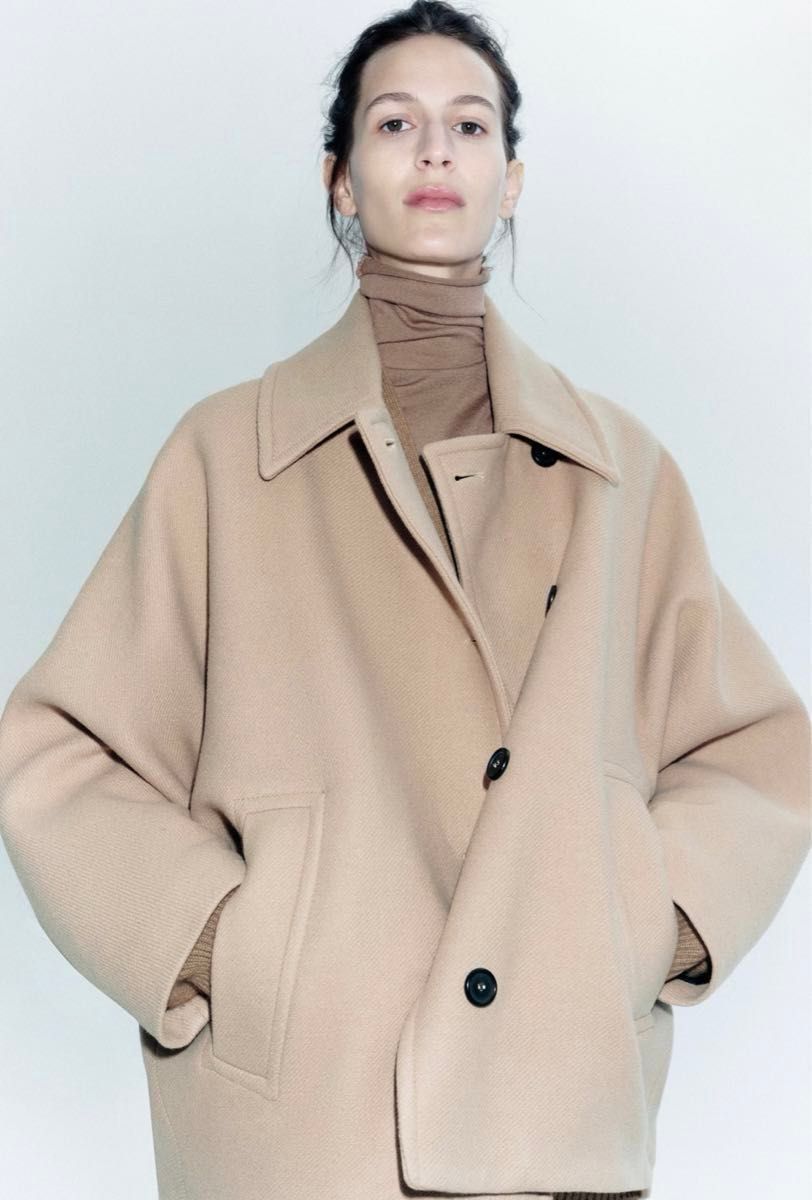 値下げ ZARA オーバーサイズウールコート ショート ベージュ xxxs-xxs