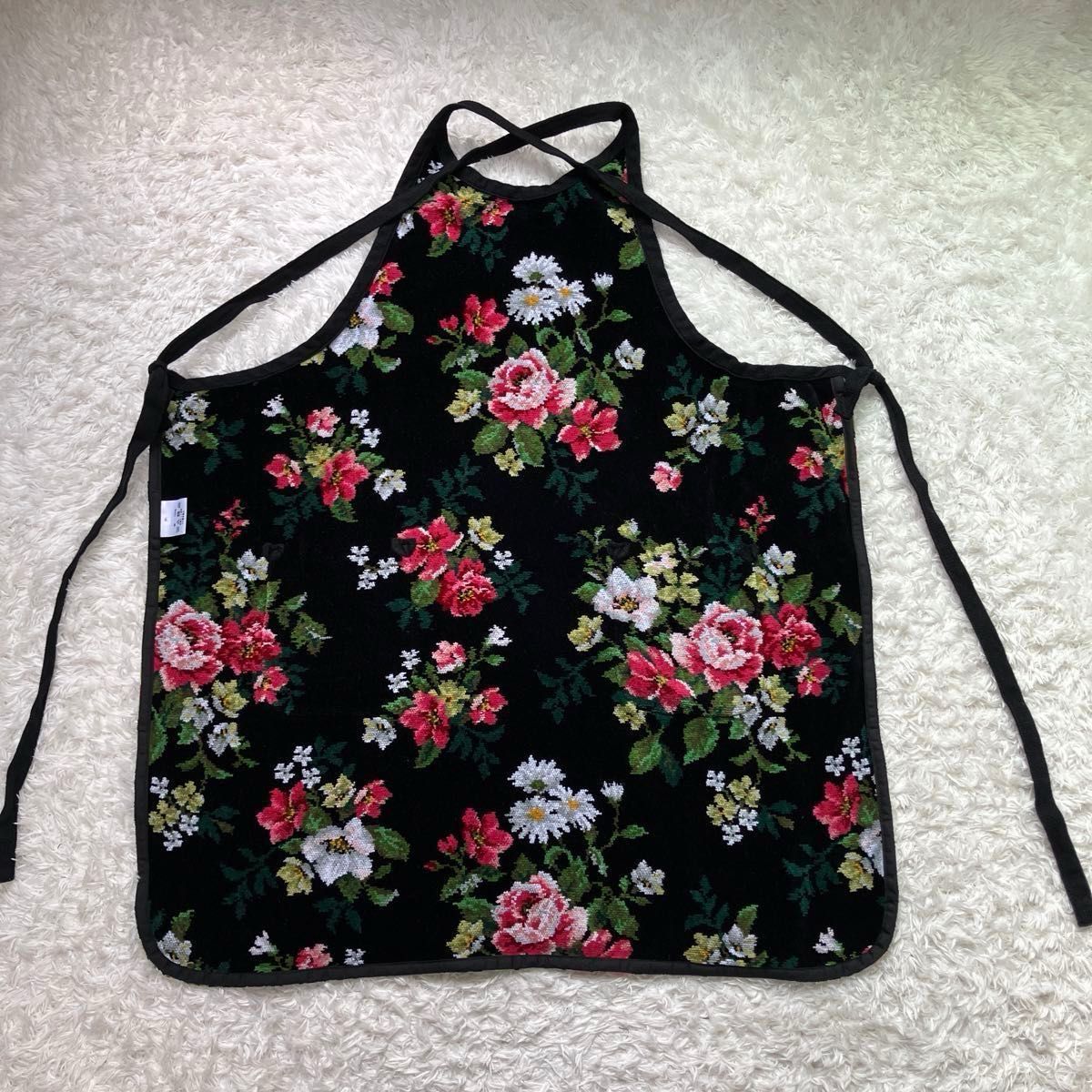 未使用美品＊ FEILER フェイラー エプロン 花 鳥 ドイツ製生地 黒 未