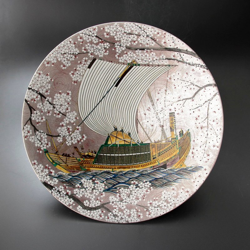 NA3411 九谷焼 プラチナ箔 北前船 飾壷 北村隆 秀逸作 共箱付