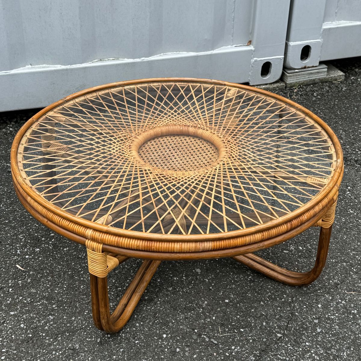 so様リクエスト品】籐 ラタン 丸テーブル ガラス天板 昭和 レトロ 80