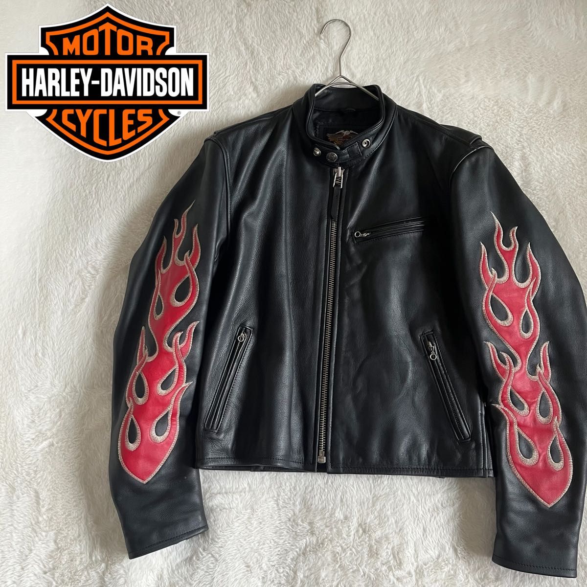 美品】HARLEY DAVIDSON レザーライダースジャケット ファイヤー 刺繍