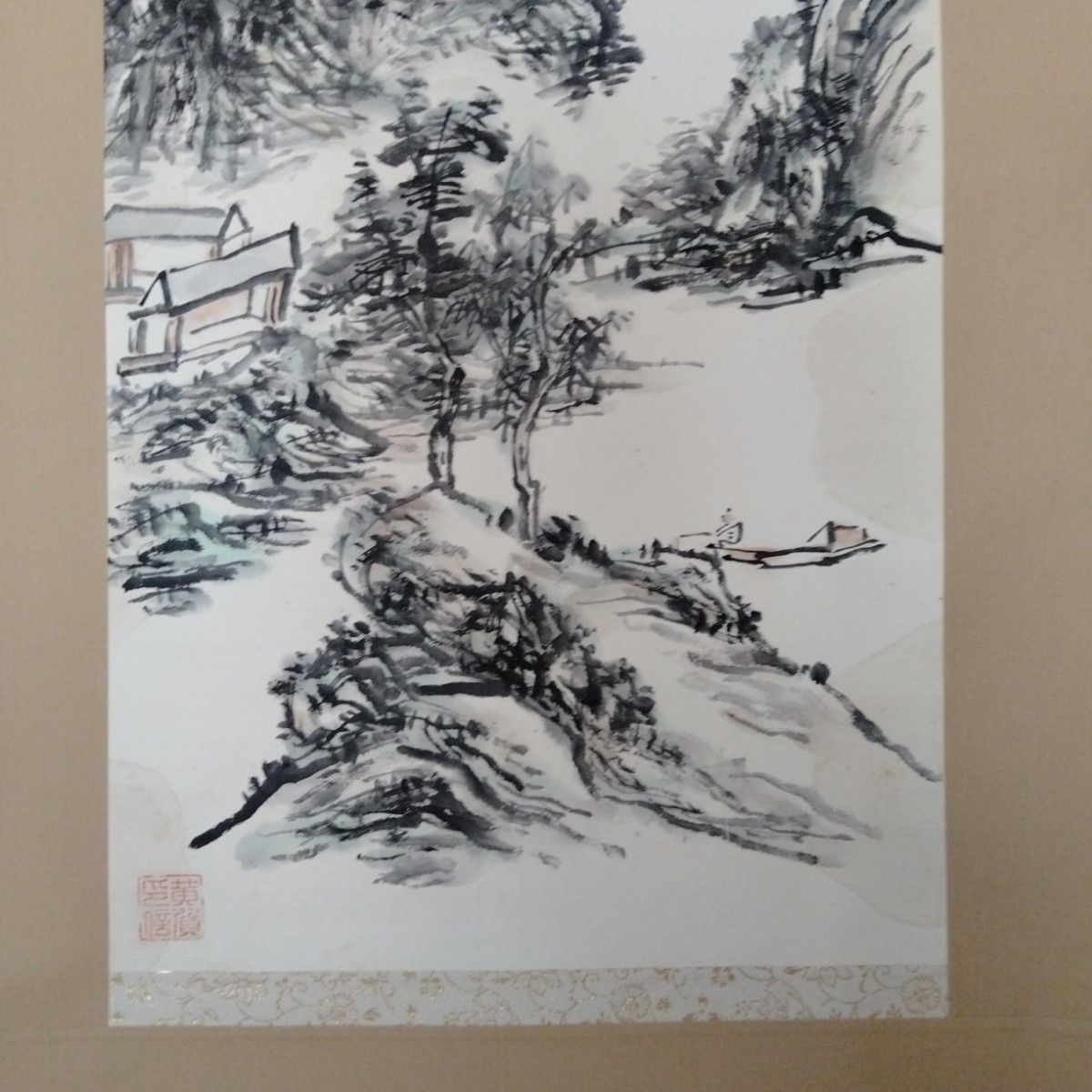 中国絵画 山水画掛軸 中国骨董【山水画】画面サイズ縦約84センチ横約32