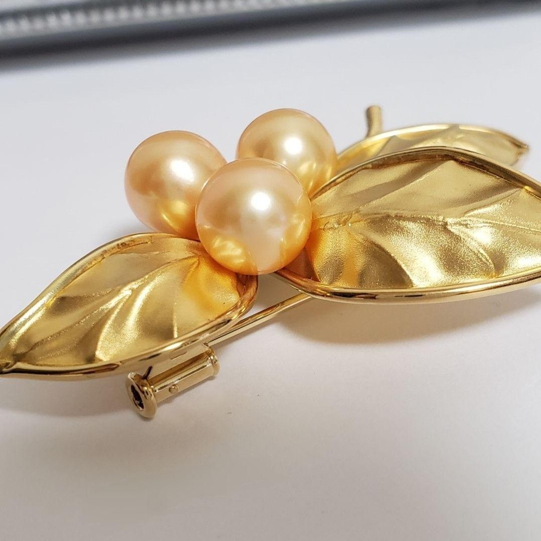 SALE レア 純金 K18ブローチ 切り回し淡水パール手造り テッポウ金具
