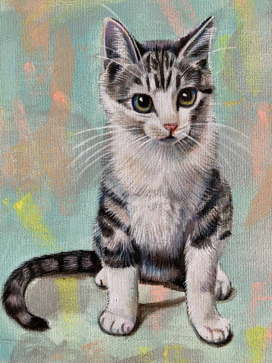 幸運の猫」蛍光猫のアクリル画 絵画 原画 幸運の猫」蛍光猫のアクリル