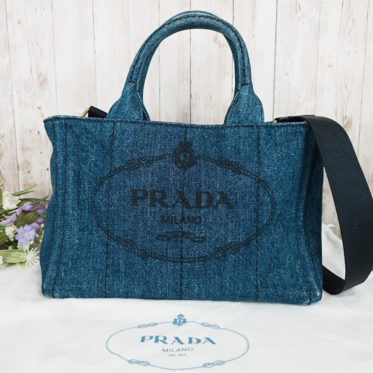 美品 プラダ カナパ S ミニ デニム トートバッグ ギャラ付き PRADA